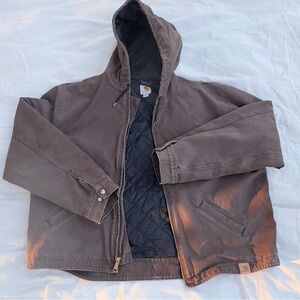 Carhartt Brown Duck Active Jacket L Quilted Lined Hoodie J130 Vintage Workwear